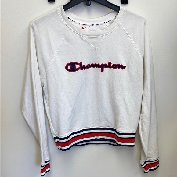 Champion White Sweatshirt with Red and Blue Accents - Picture 1 of 4
